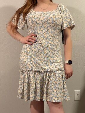 Nordstrom Light Blue Floral Square-Neck Ruffle-Hem Mini Dress